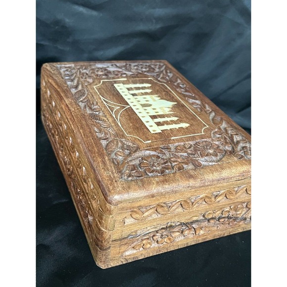 Hand Carved Wooden Box Taj Mahal Inlay Made In India By Archana Handicrafts 7" - Picture 5 of 11